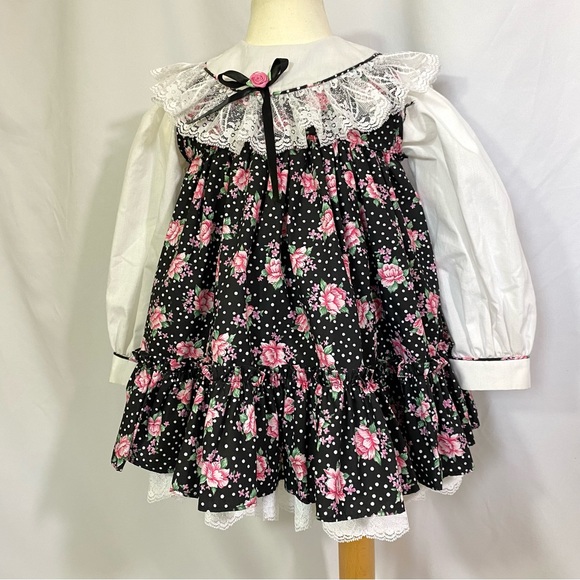 Girl’s Vintage MiniWorld Floral Polka Dot Pinafore Dress 4T Party Ruffle - Picture 6 of 12